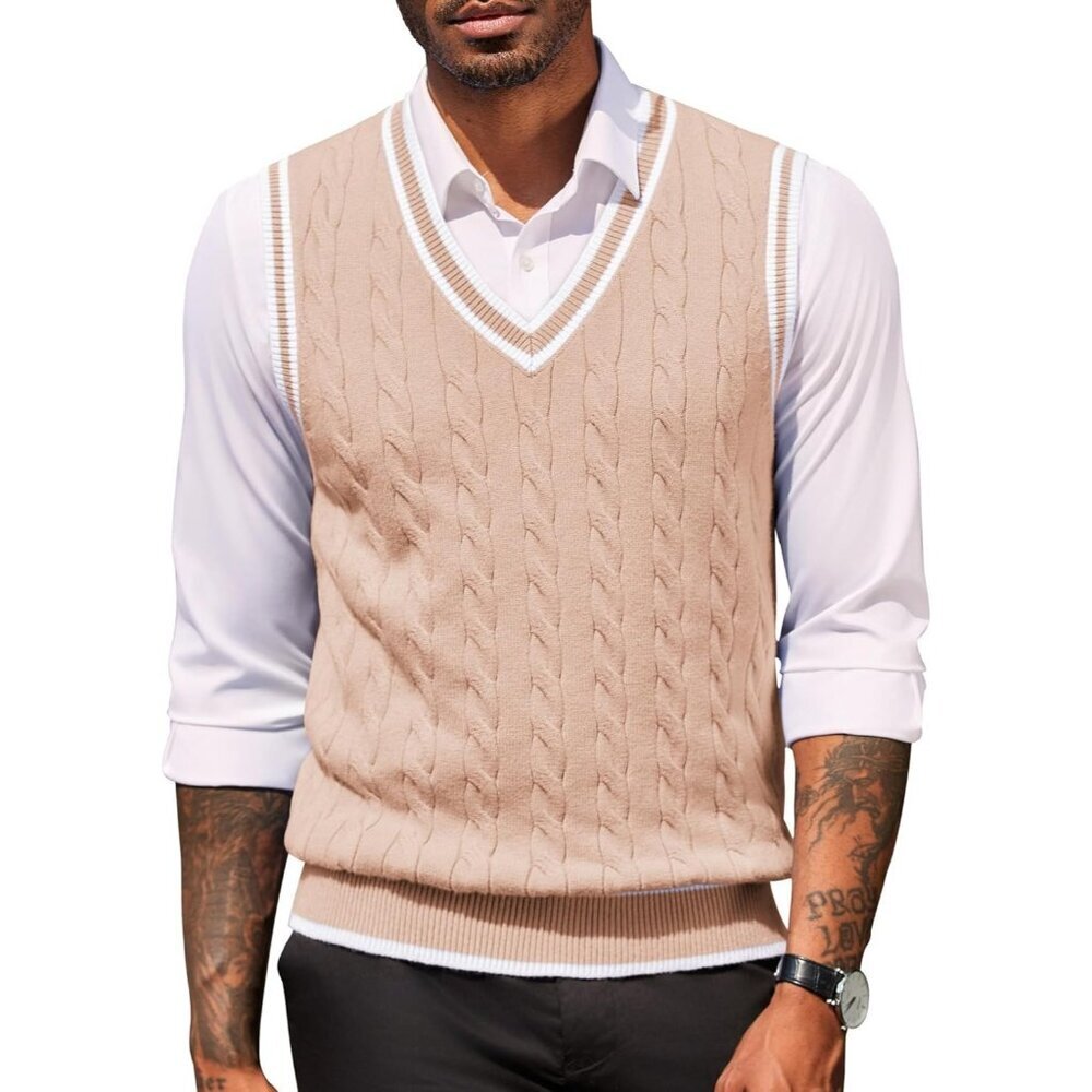 Coofandy Men Light Khaki Fitted V Neck Sleeveless Knitted Pullovers Sweater Vest